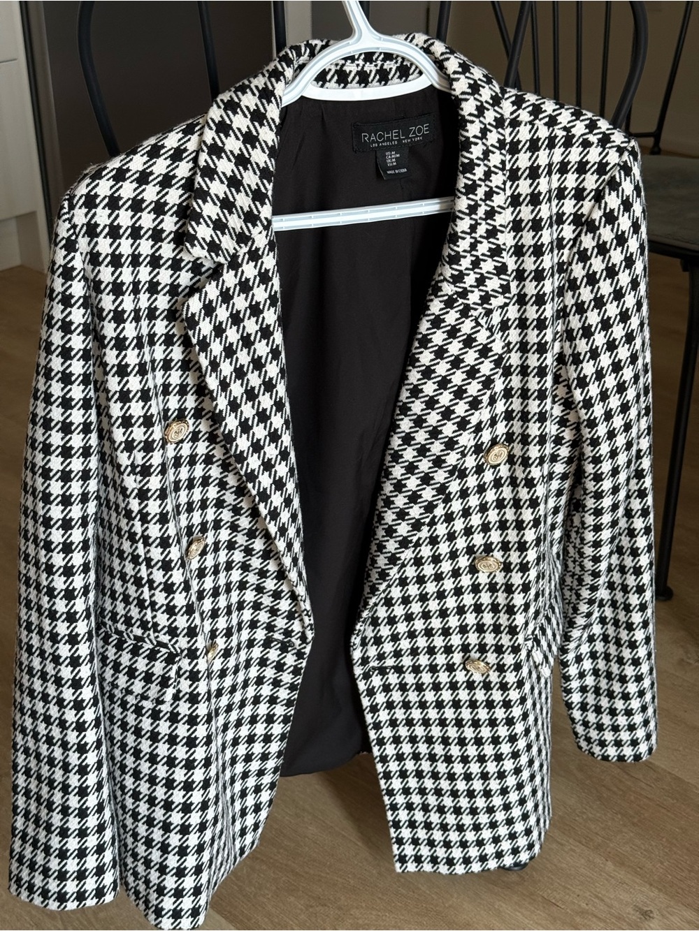 Rachel Zoe Black & White Houndstooth Double-Breasted Blazer with Gold Buttons